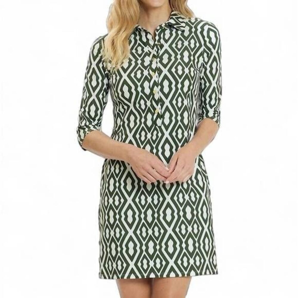 Jude Connally Susanna Dress Moroccan Trellis Loden Cream Shift Popover Size S